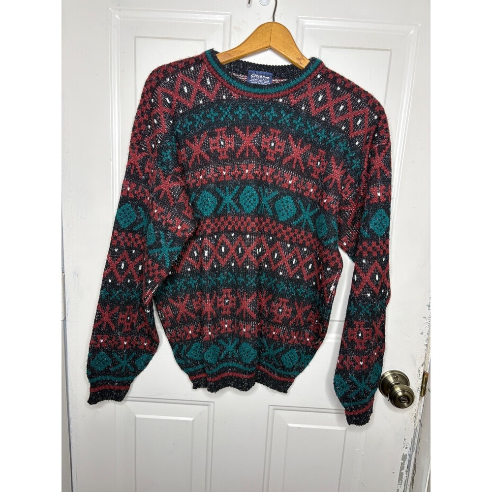 Edison Knitwear Mens Large Fair Isle Geometric Sweater Red Green Black USA